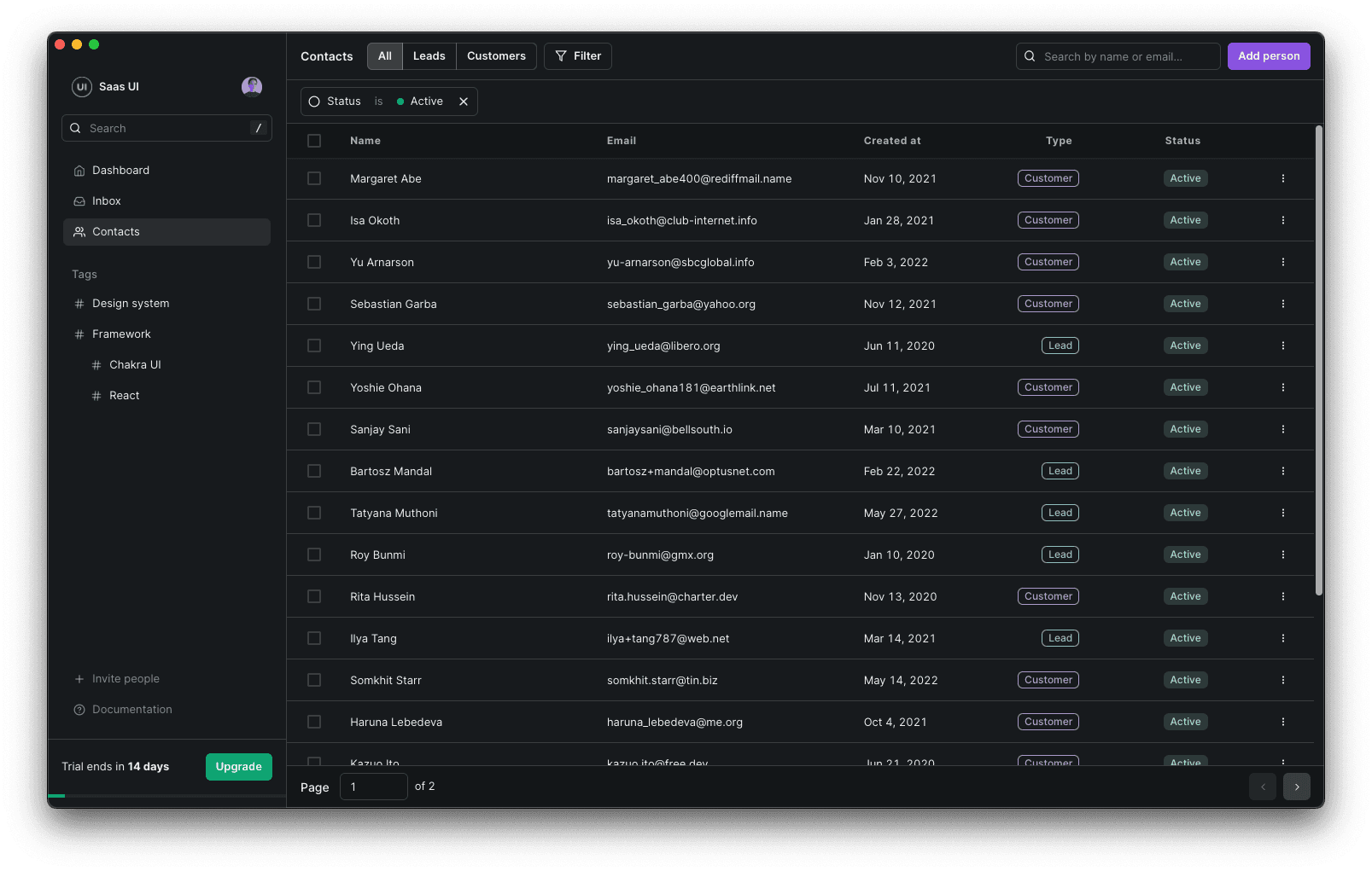 Screenshot of a ListPage in Saas UI Pro